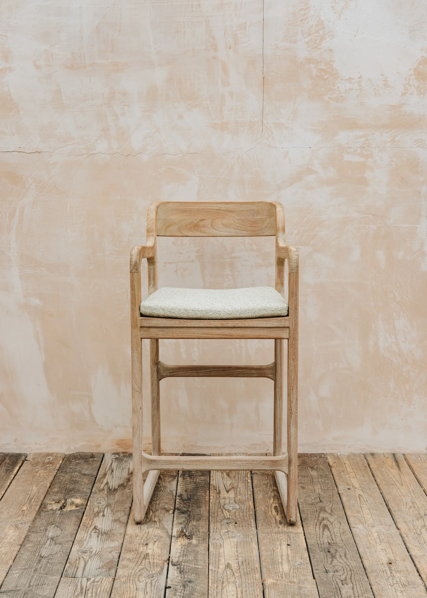 Sally Teak Bar Chair in Natural Grey with Bouclé Cushion