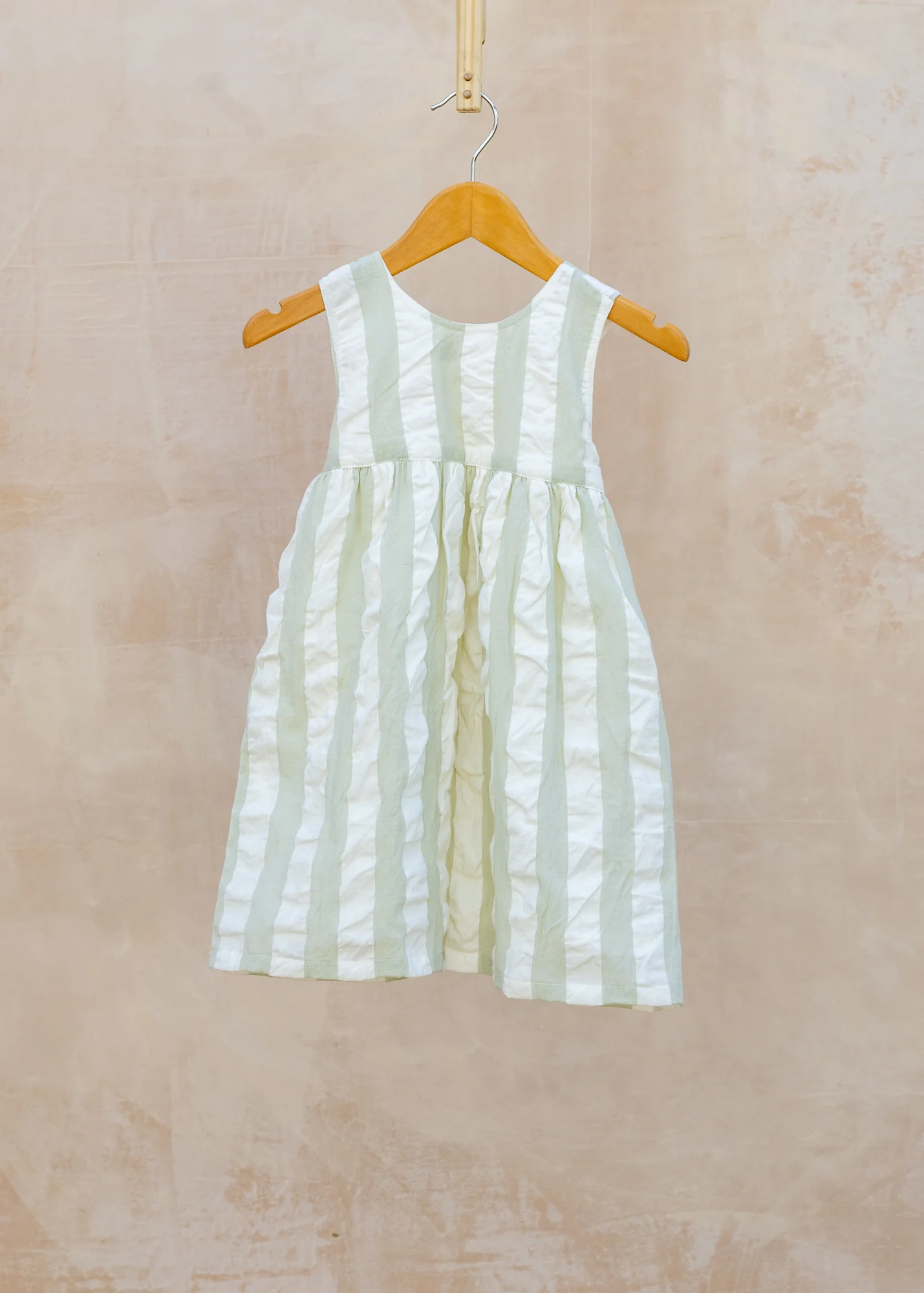 Children's Cross-Back Dress in Sea Foam Seersucker Wide Stripe