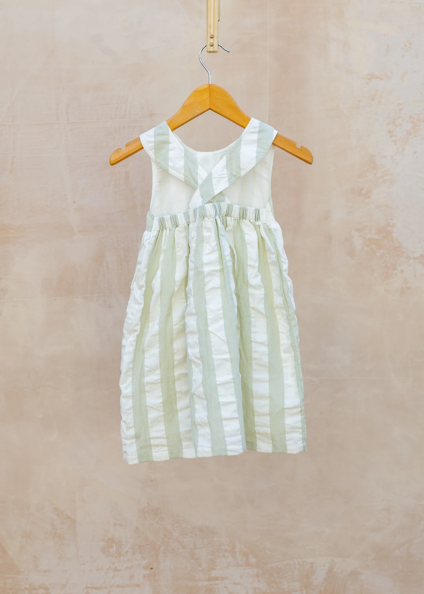 Children's Cross-Back Dress in Sea Foam Seersucker Wide Stripe - Image 2